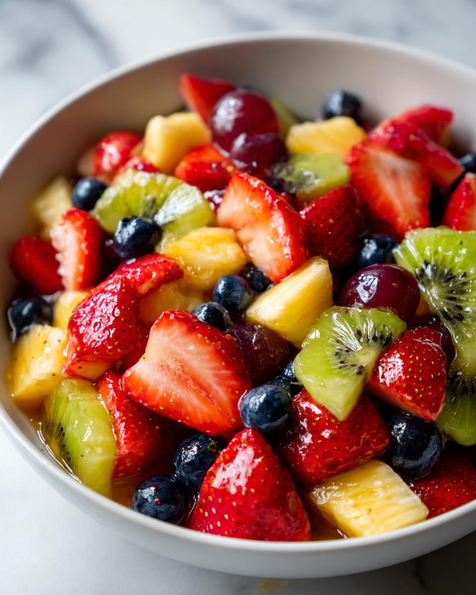 Bowl of fresh mixed fruit salad with strawberries, kiwi, blueberries, pineapple, and grapes.