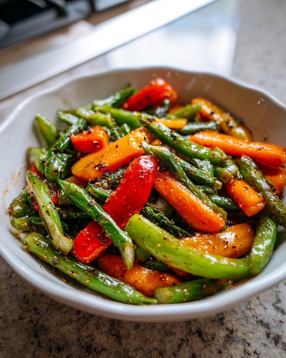 Bowl of colorful sautéed vegetables including carrots, green beans, and bell peppers seasoned with black pepper