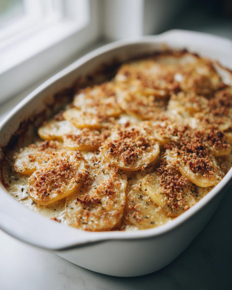 Close-up of creamy baked potato casserole topped with breadcrumbs in white dish