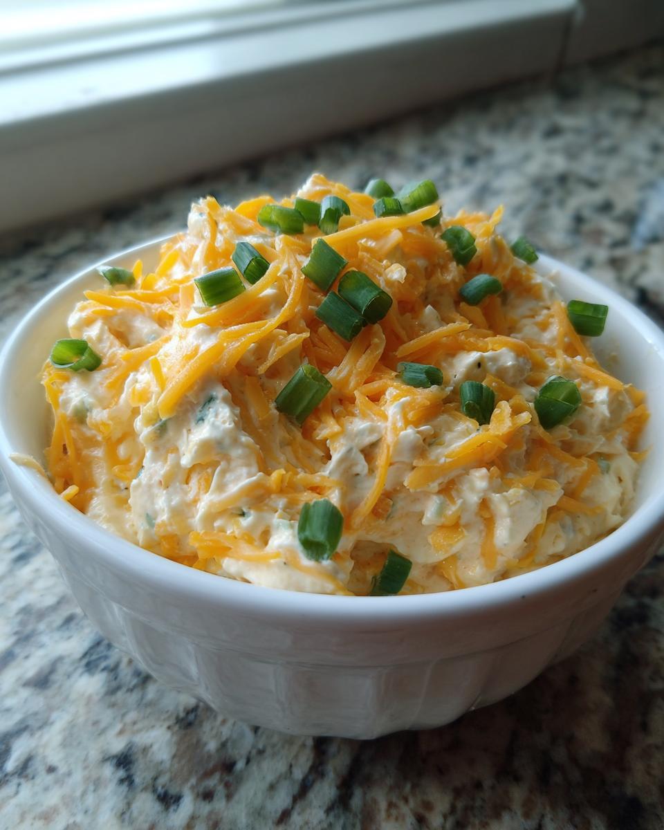 White bowl filled with creamy cheese dip topped with shredded cheddar and chopped green onions, easy party dip recipes