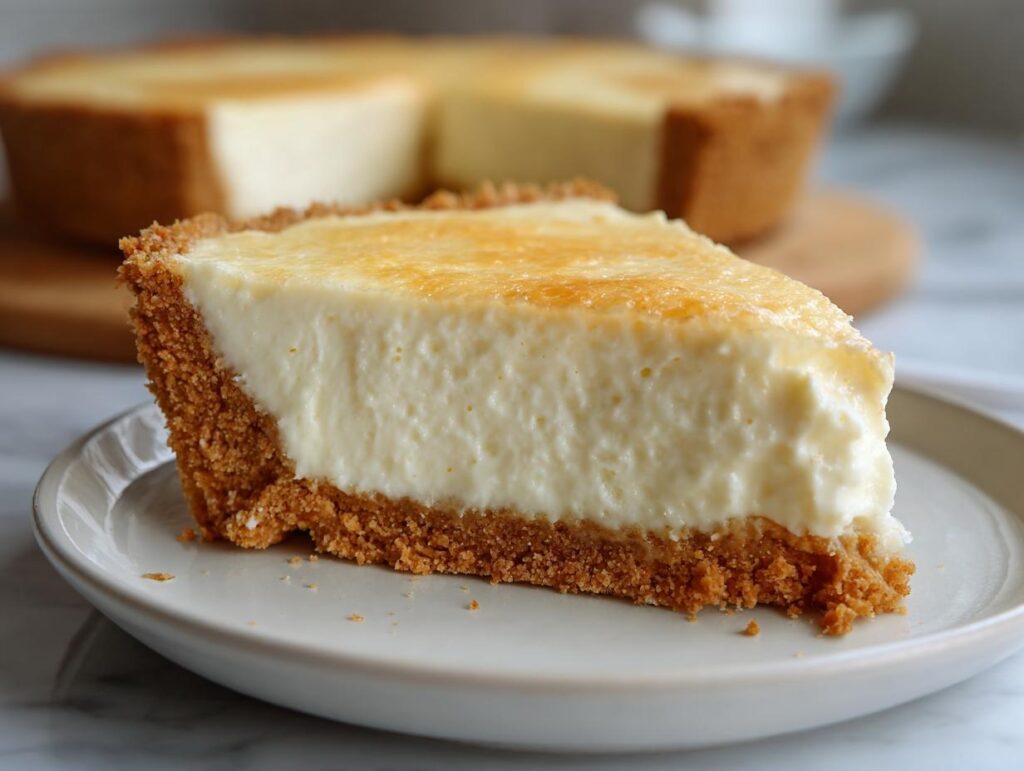 Close-up of a creamy cheesecake slice with a graham cracker crust on a white plate, easy make ahead desserts.