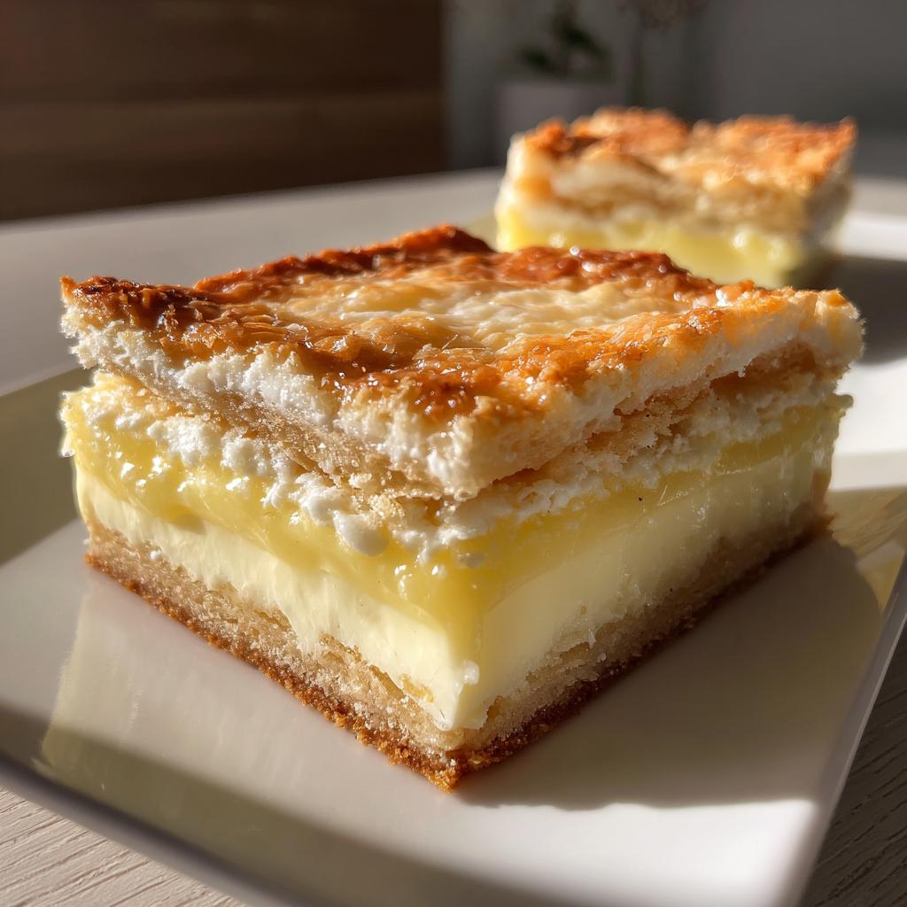 Close-up of creamy coconut cream dessert squares with golden crust on a white plate.