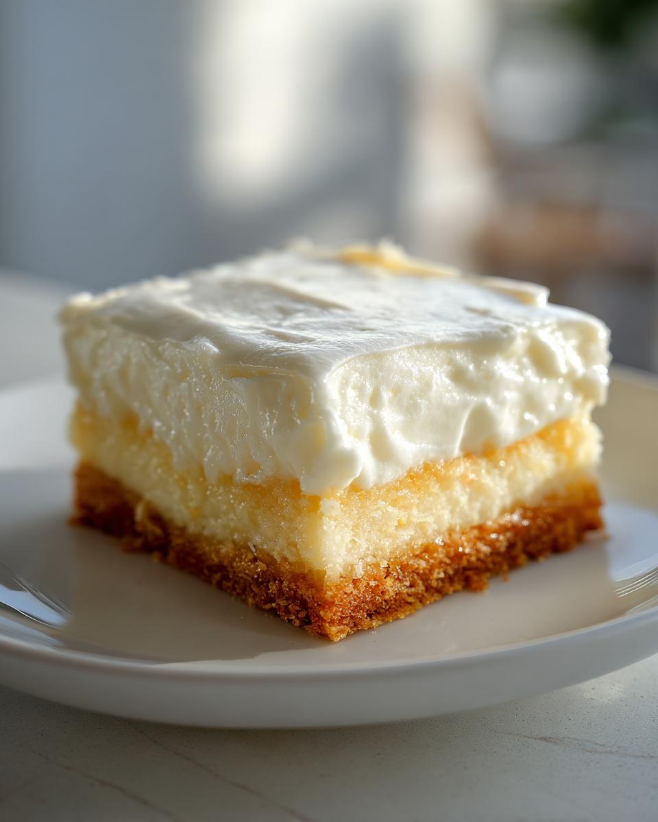 Close-up of a creamy coconut cream dessert squares slice with a crumbly base on a white plate.