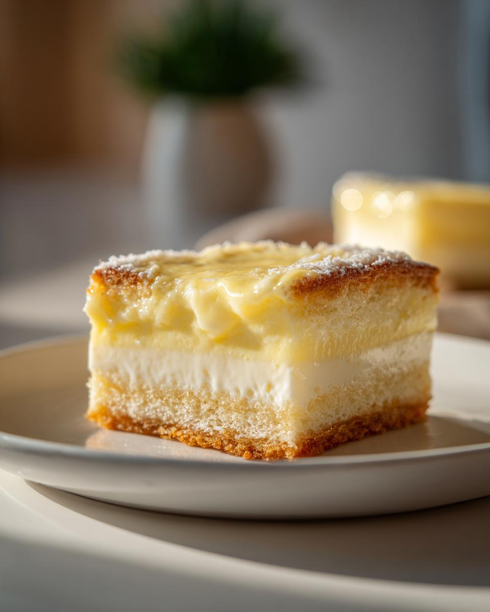 Close-up of a creamy coconut cream dessert squares slice on a white plate.