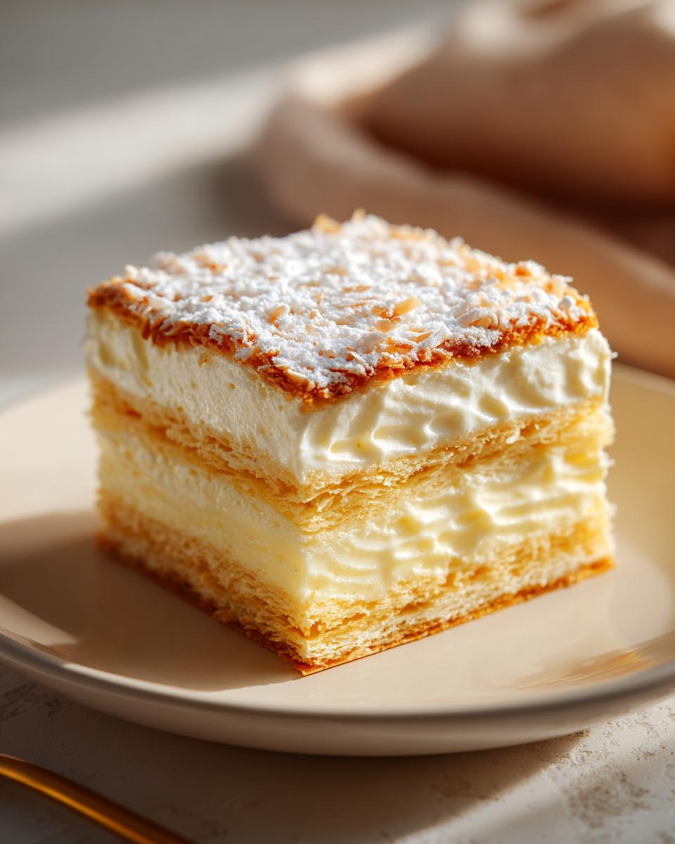 Close-up of a creamy coconut cream dessert squares slice with layered pastry and coconut topping