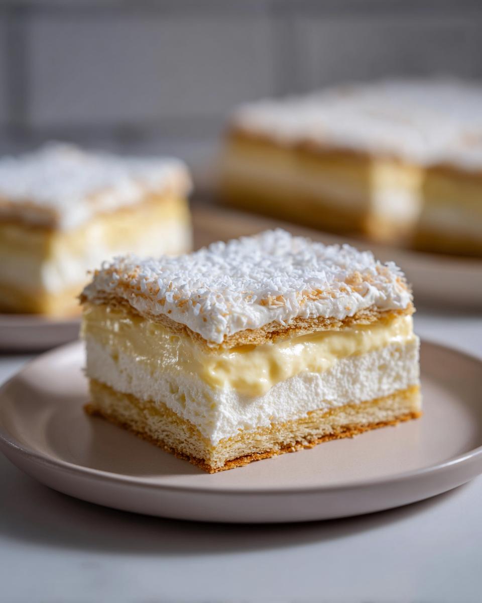 Close-up of a creamy coconut cream dessert squares slice on a beige plate