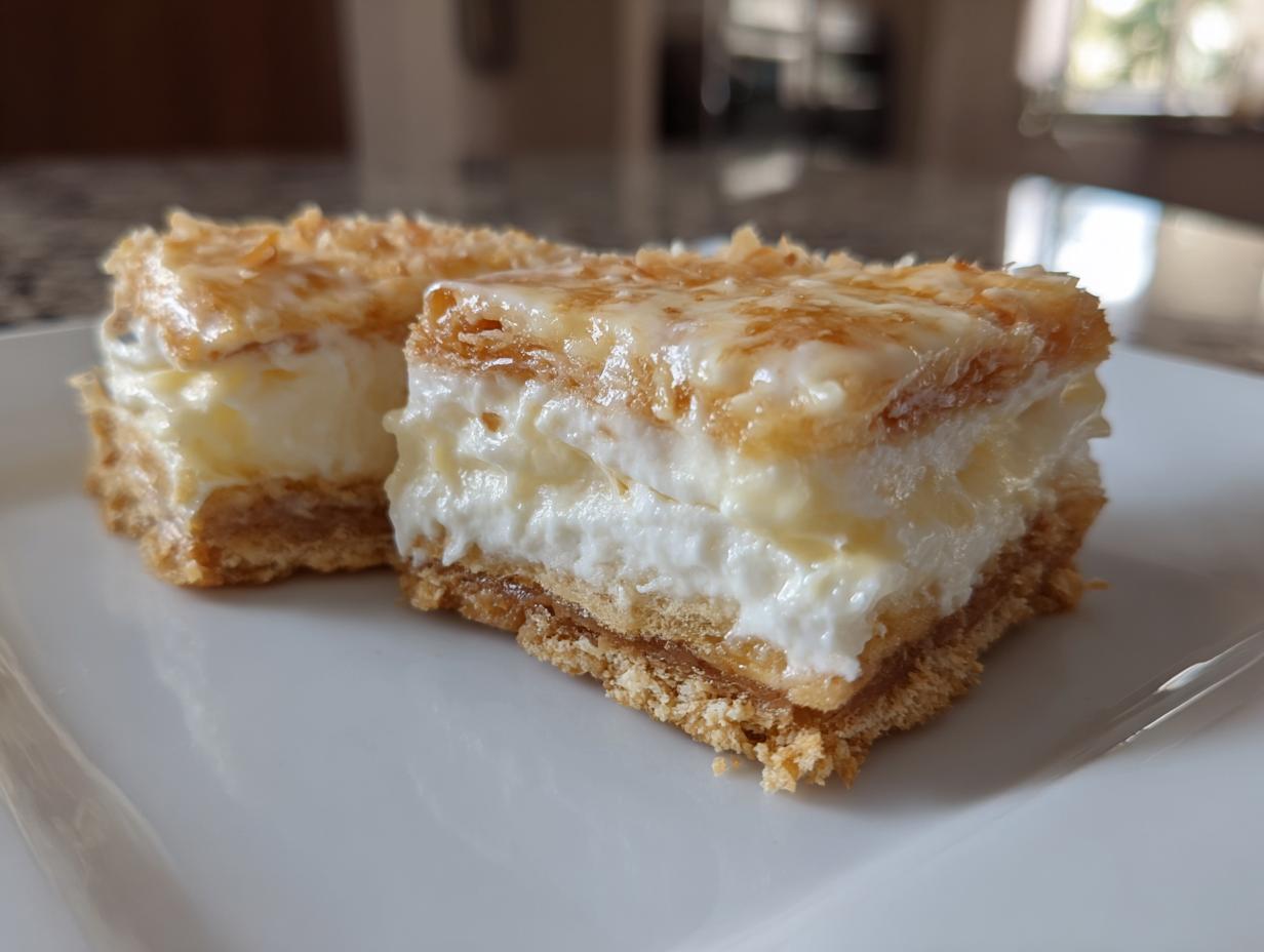 Two creamy coconut cream dessert squares with layered crust and filling on a white plate.