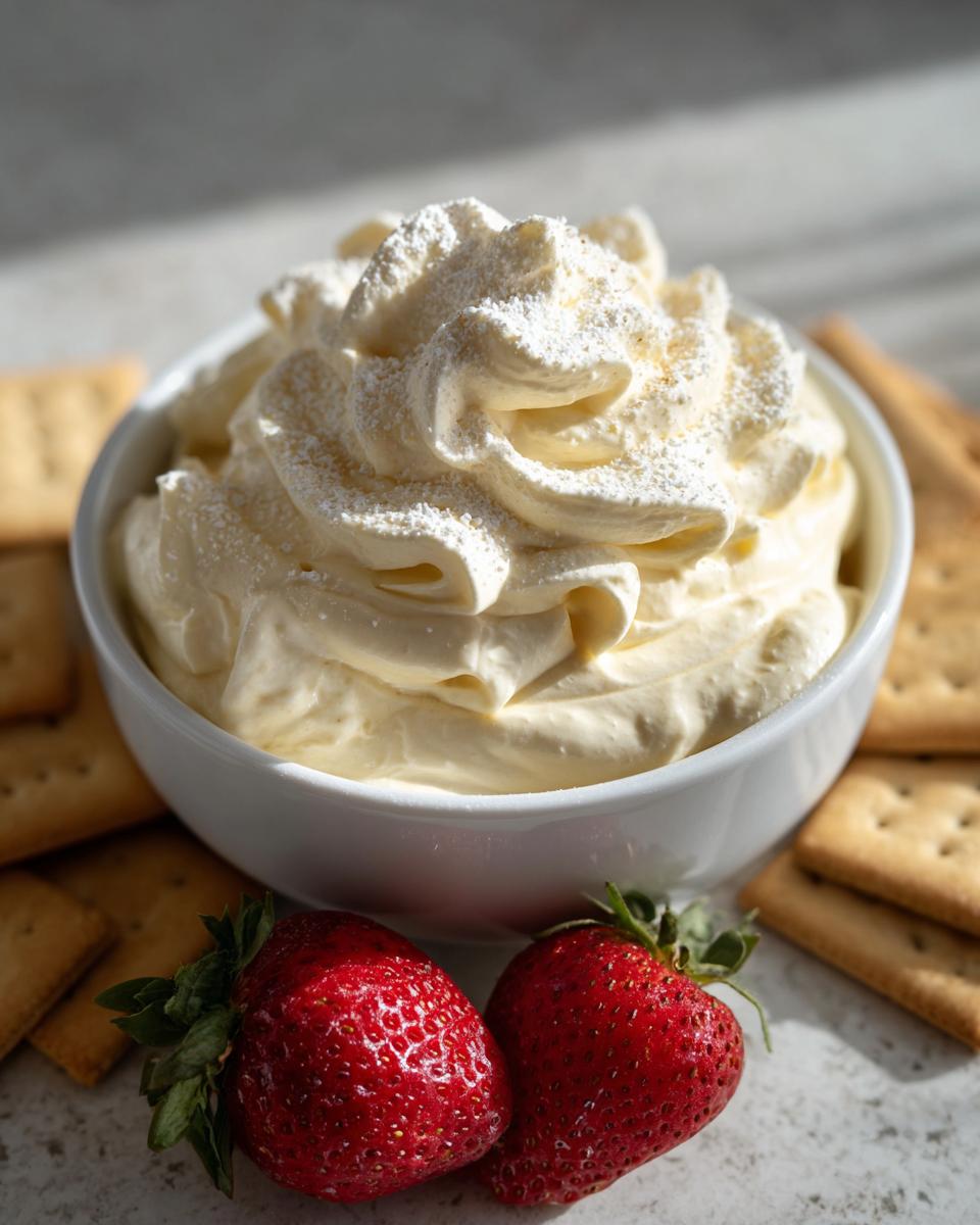 Bowl of creamy dessert dip with powdered sugar, fresh strawberries, and crackers around it.