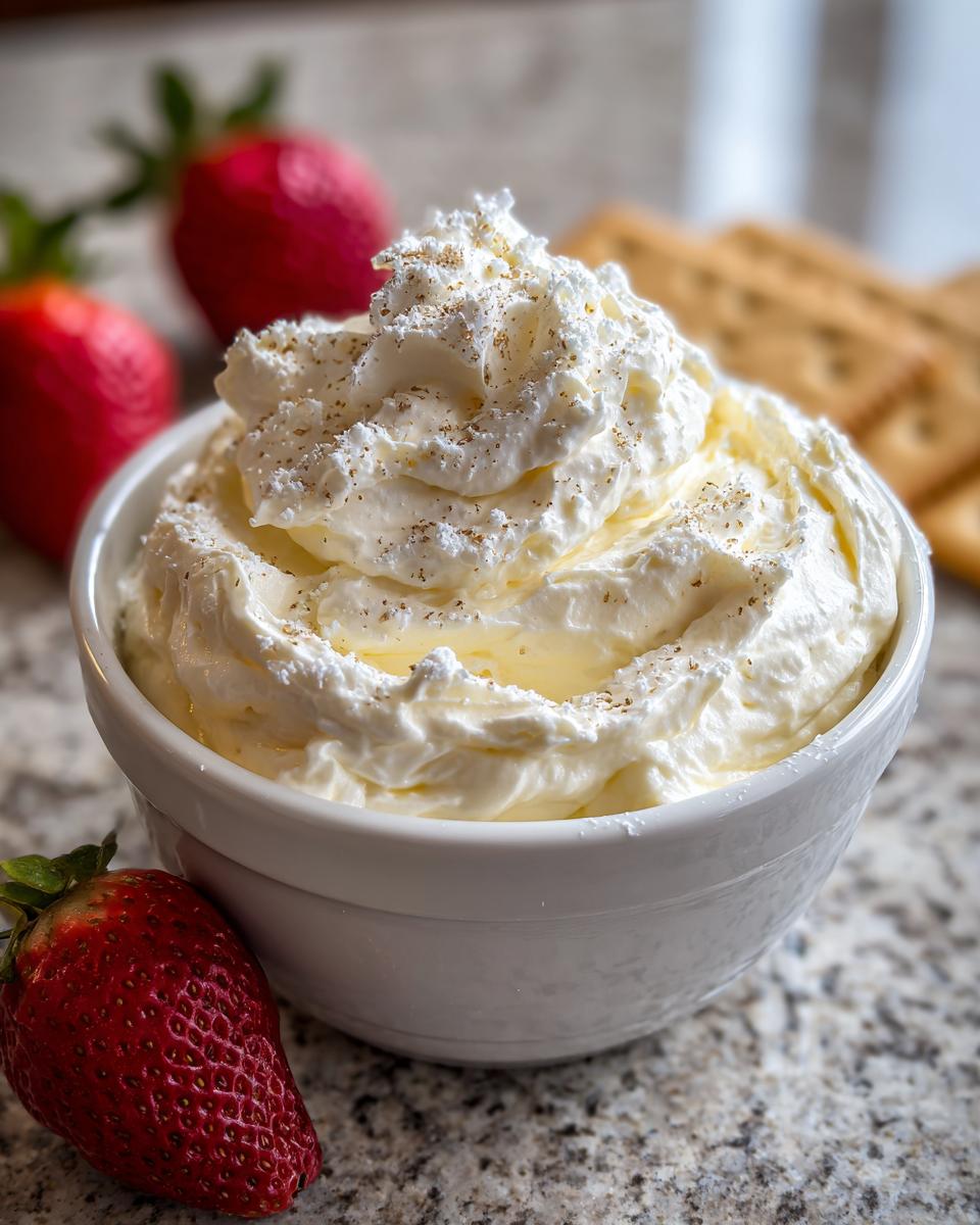 White bowl filled with creamy dessert dip sprinkled with spices, surrounded by strawberries and crackers.