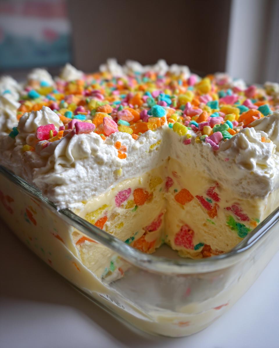 Close-up of a creamy Easter candy dessert recipe with whipped topping and colorful candy pieces.