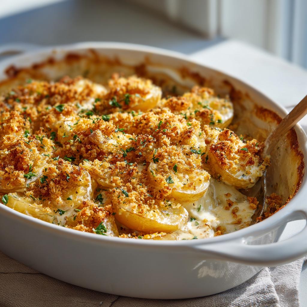 Baked creamy Easter potato side dish topped with golden breadcrumbs and fresh herbs in a white casserole dish.
