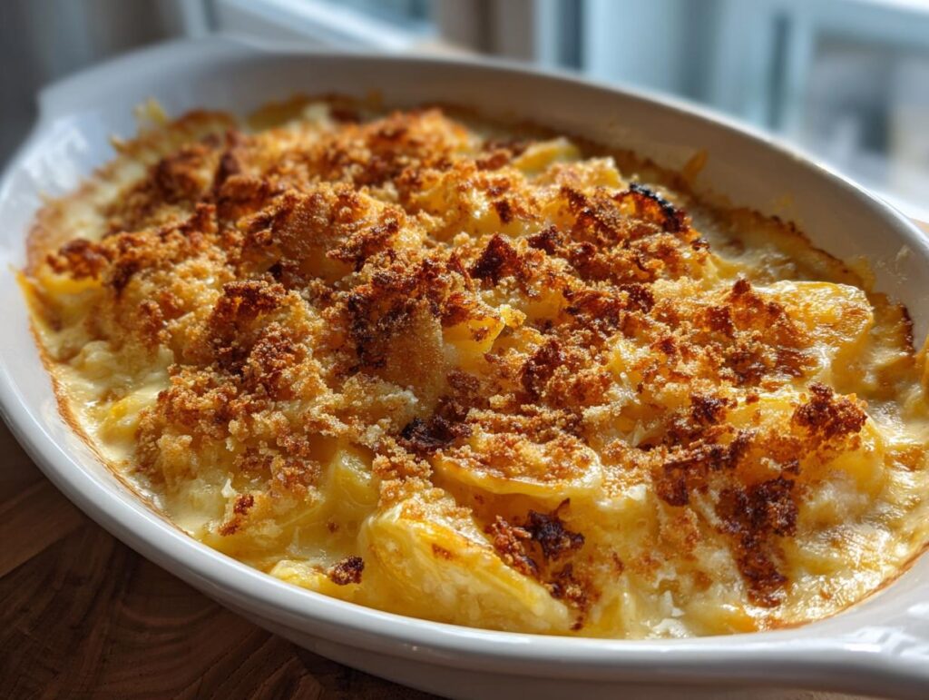Close-up of creamy baked potato casserole with golden breadcrumb topping in white dish