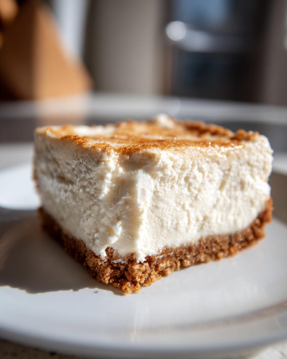 Close-up of a creamy no bake cheesecake slice with a graham cracker crust on a white plate.