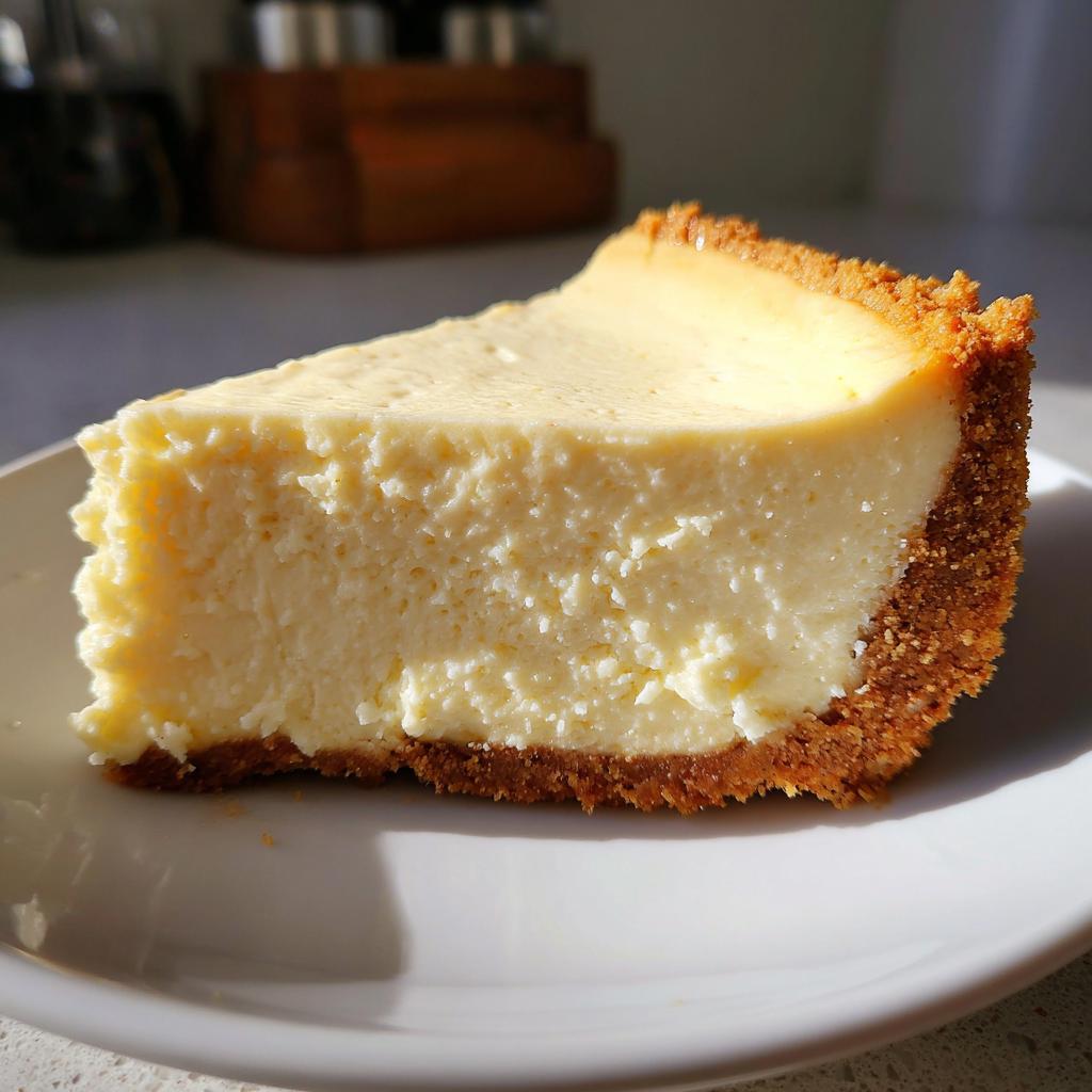 Close-up of a creamy slice of no bake cheesecake with a graham cracker crust on a white plate