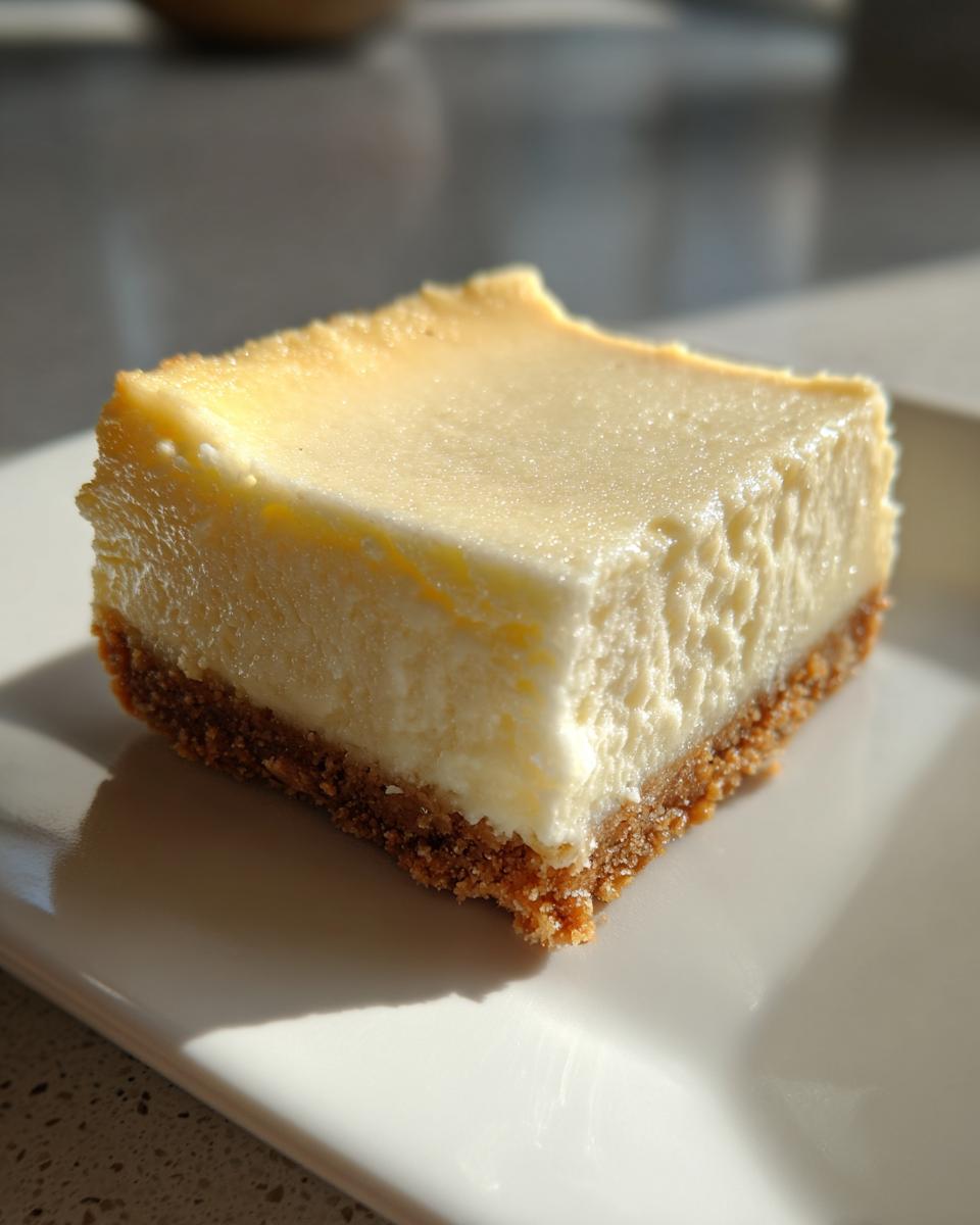 Close-up of a creamy no bake cheesecake square with a crumbly crust on a white plate