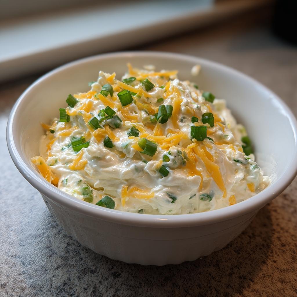 Bowl of creamy party dip topped with shredded cheddar cheese and chopped green onions.