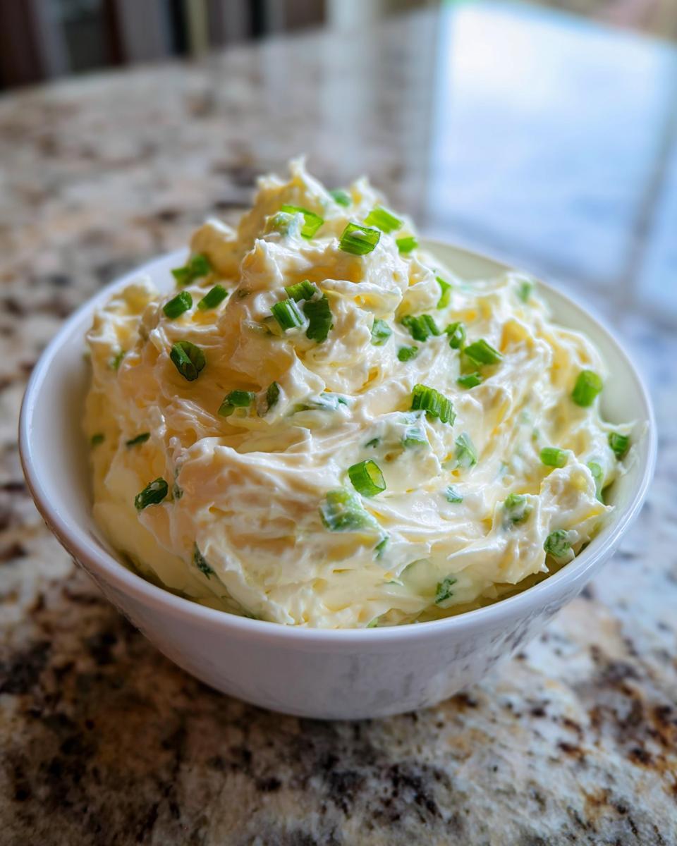 Bowl of creamy party dip garnished with chopped green onions on a granite countertop.