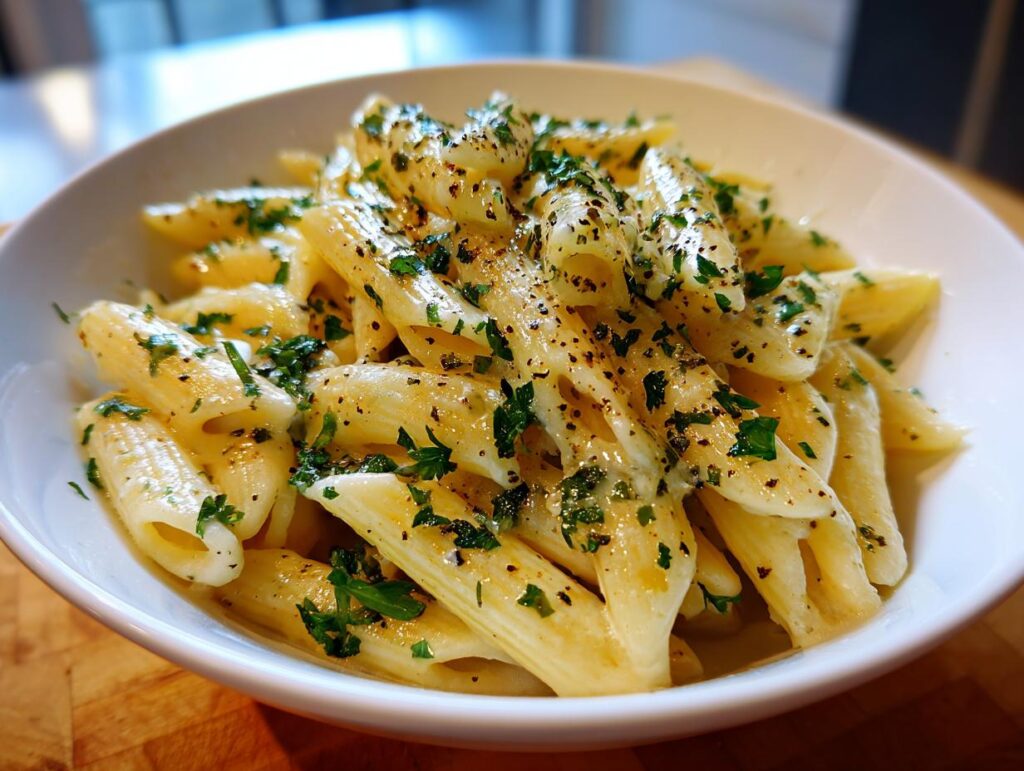 Bowl of creamy penne pasta garnished with chopped herbs and black pepper for Easter pasta recipes
