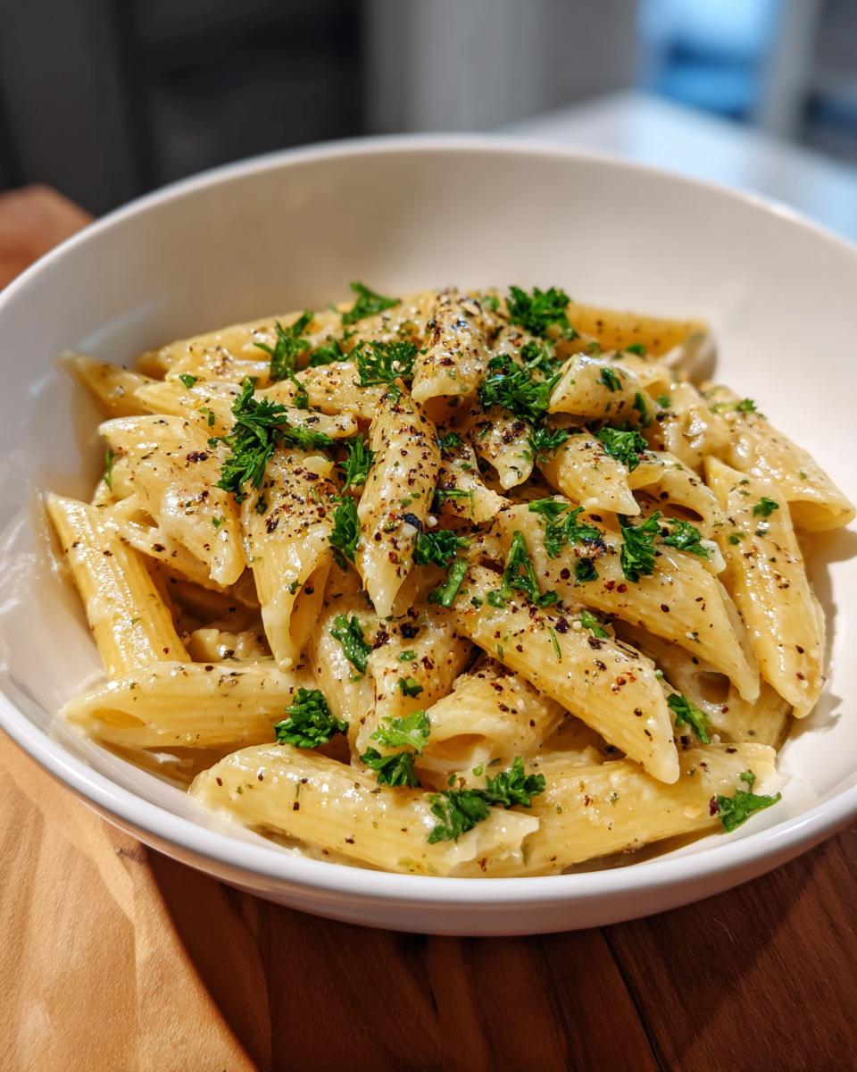 Bowl of creamy penne pasta garnished with chopped parsley and cracked black pepper