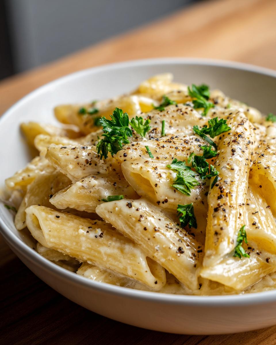 Bowl of creamy penne pasta sprinkled with black pepper and fresh parsley, perfect for Easter pasta recipes.