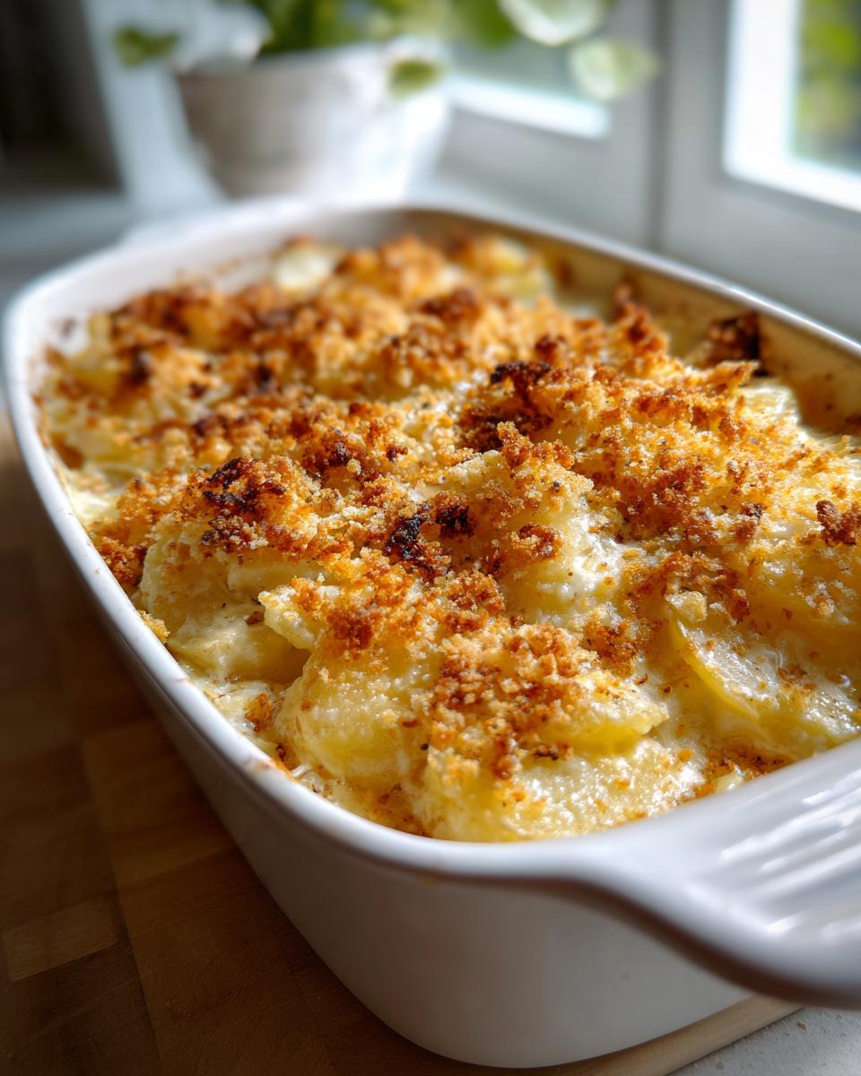 Baked creamy potato gratin with golden breadcrumb topping in a white ceramic dish