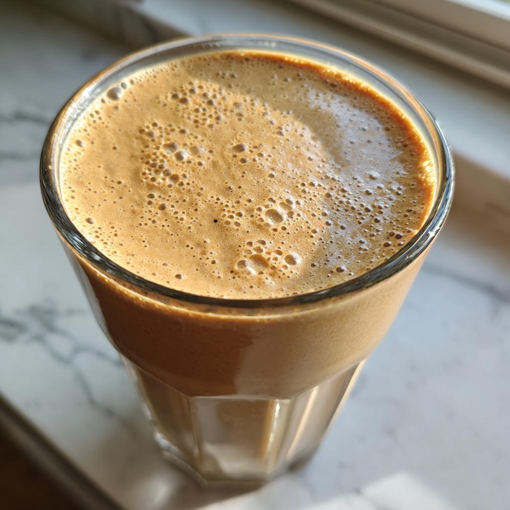 Close-up of a creamy brown protein breakfast smoothie in a clear glass on a marble surface