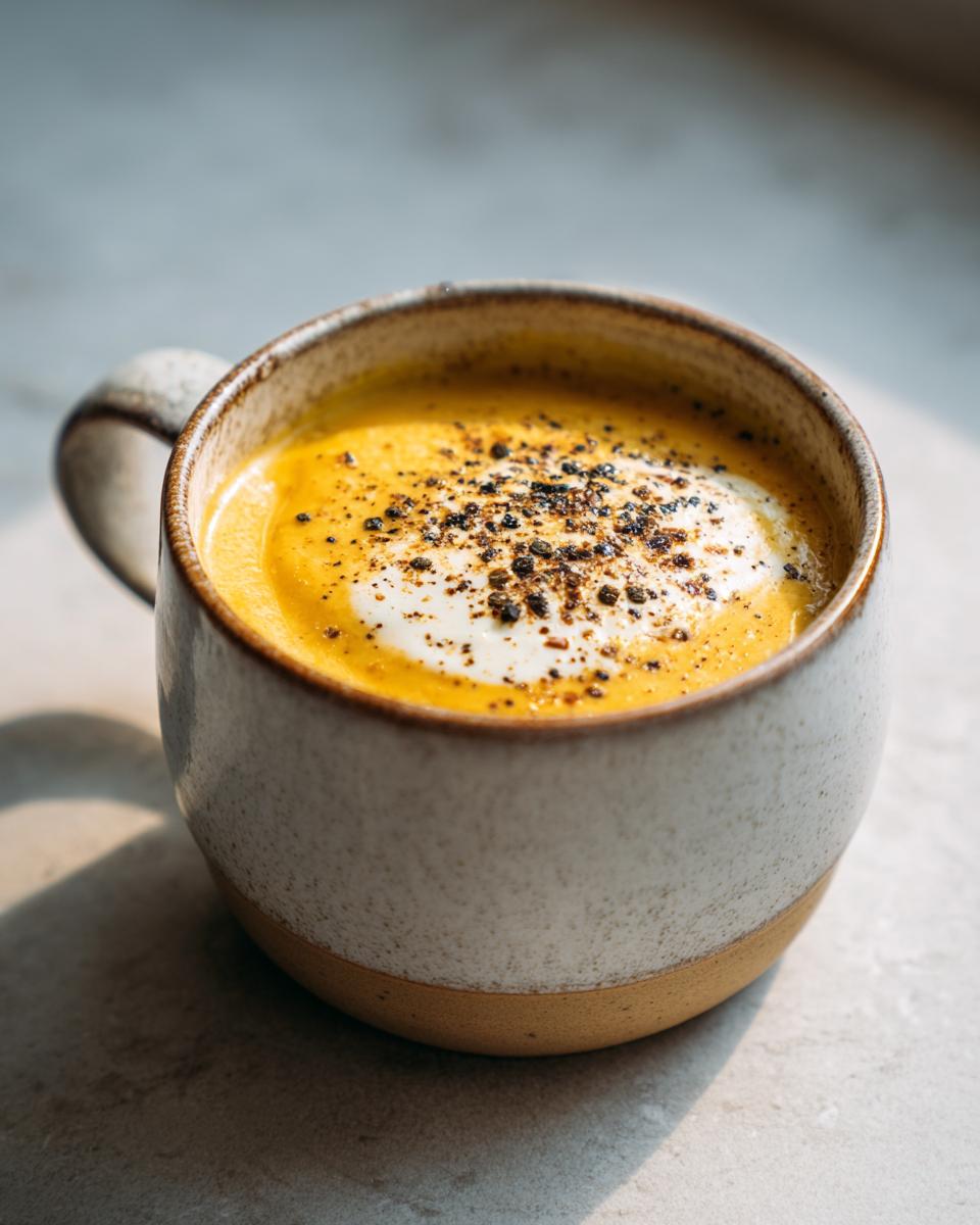 Creamy pumpkin soup topped with cream and black pepper in a rustic ceramic mug.