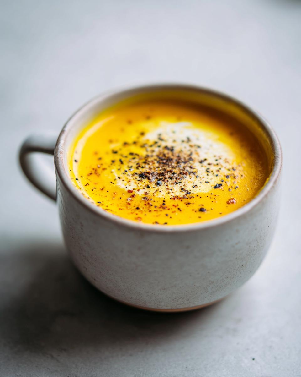 A white mug filled with creamy pumpkin soup topped with cream and cracked black pepper.