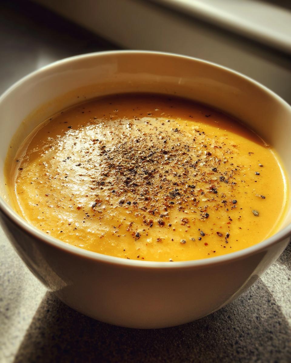 White bowl filled with creamy soup topped with cracked black pepper, showcasing easy creamy soup recipes.