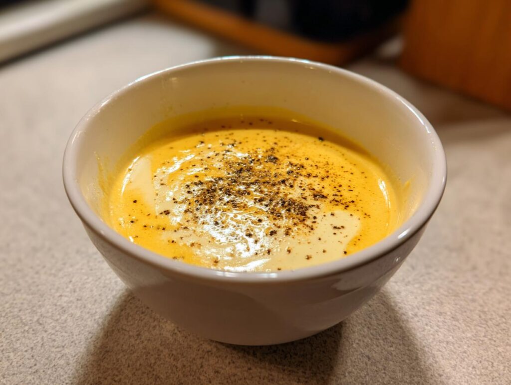 White bowl filled with creamy soup topped with black pepper, showcasing easy creamy soup recipes