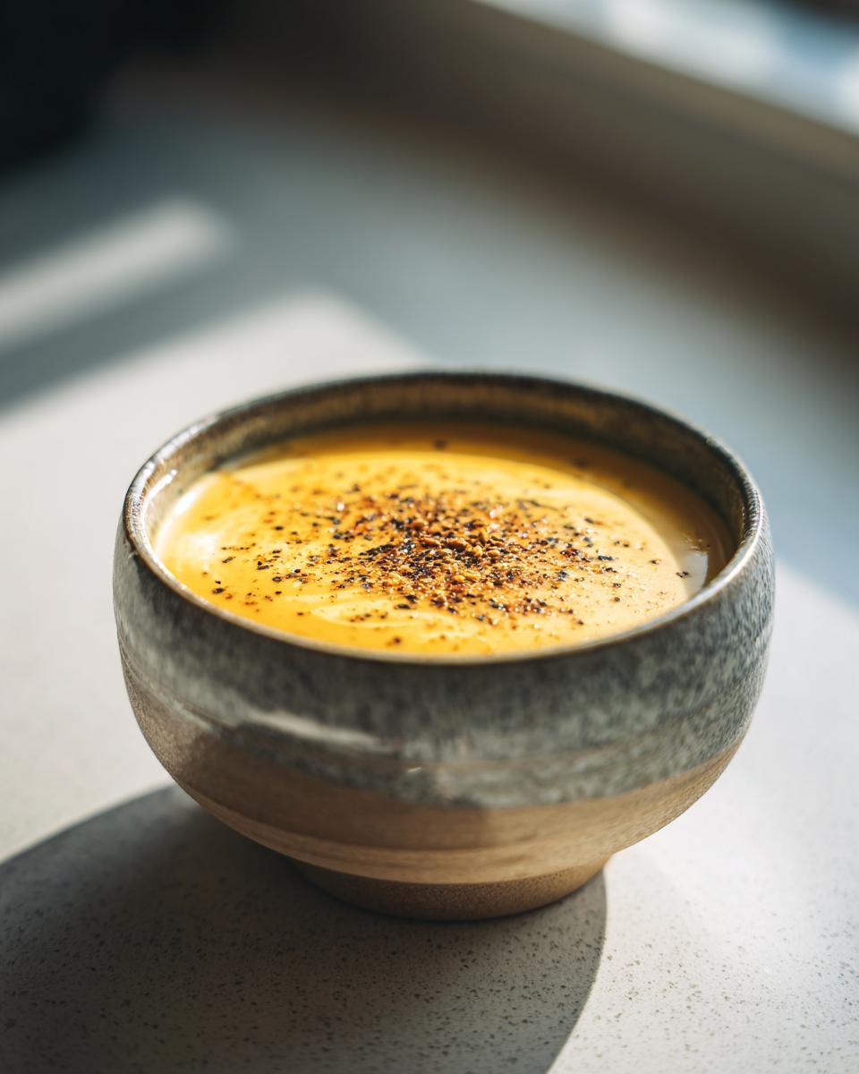 A bowl of creamy soup sprinkled with black pepper, served in a rustic ceramic bowl.