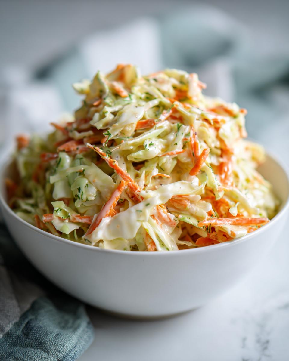 Bowl of creamy sweet and tangy coleslaw with shredded cabbage and carrots