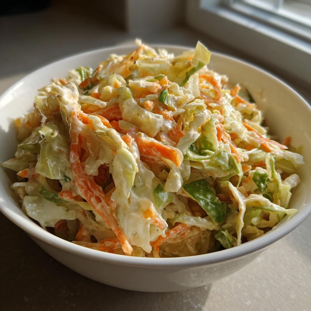 Close-up of creamy sweet and tangy coleslaw recipe with shredded cabbage and carrots in a white bowl.