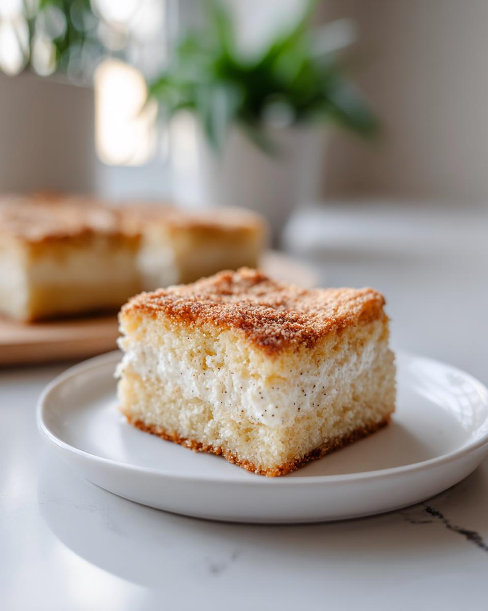 Close-up of a creamy vanilla bean dessert bars slice with a golden crust on a white plate.