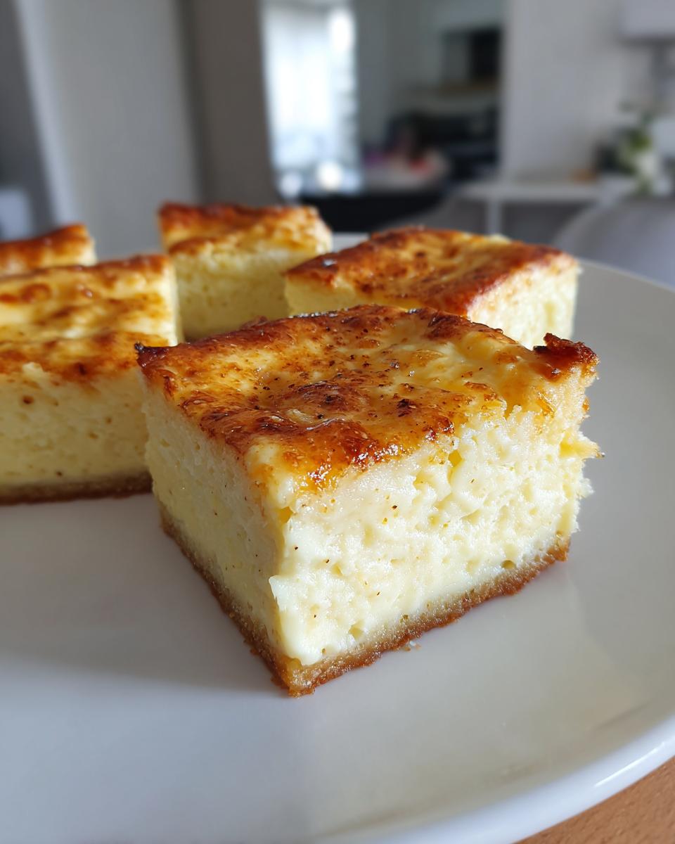Close-up of creamy vanilla bean dessert bars with golden brown tops on a white plate.