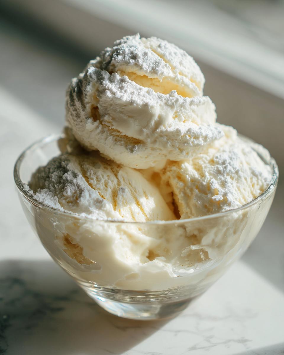 Scoops of creamy white chocolate dessert topped with powdered sugar in a glass bowl.