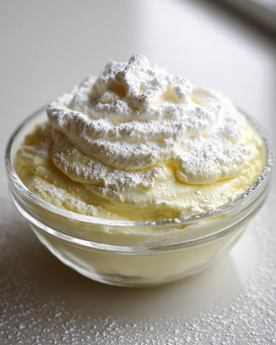 Glass bowl filled with creamy white chocolate dessert topped with whipped cream and powdered sugar