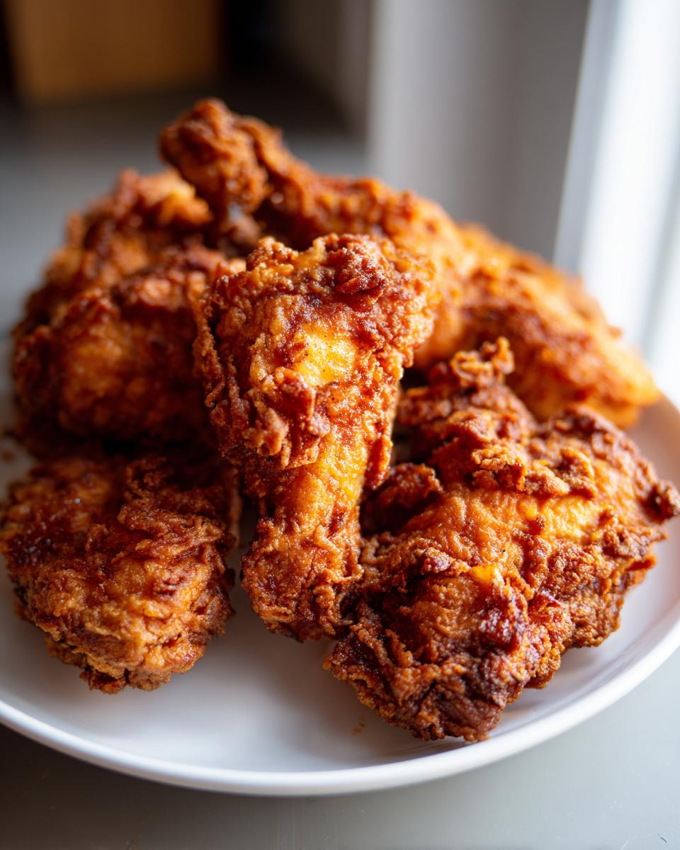 Plate of crispy fried chicken pieces with golden-brown crust, perfect for easy pan fried chicken recipes.