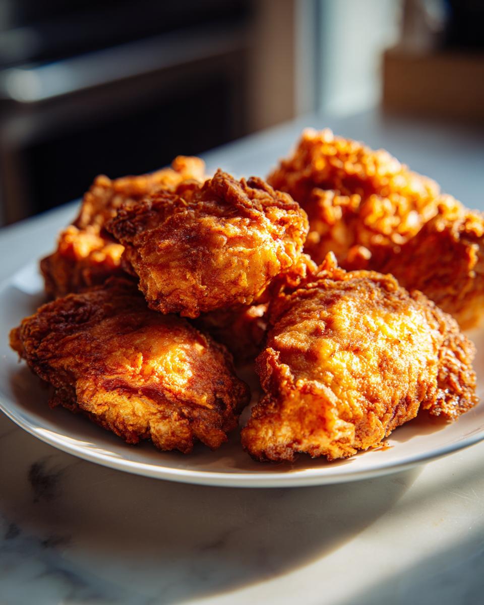Plate of golden crispy fried chicken pieces showcasing easy pan fried chicken recipes