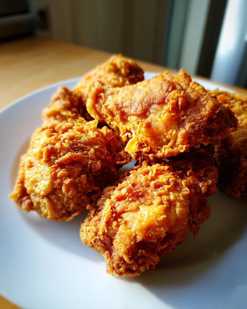 Close-up of crispy golden fried chicken pieces on a white plate, showcasing easy pan fried chicken recipes.
