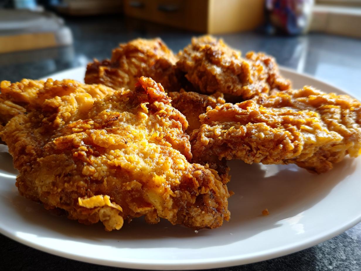 Close-up of crispy golden fried chicken pieces on a white plate, showcasing easy pan fried chicken recipes.