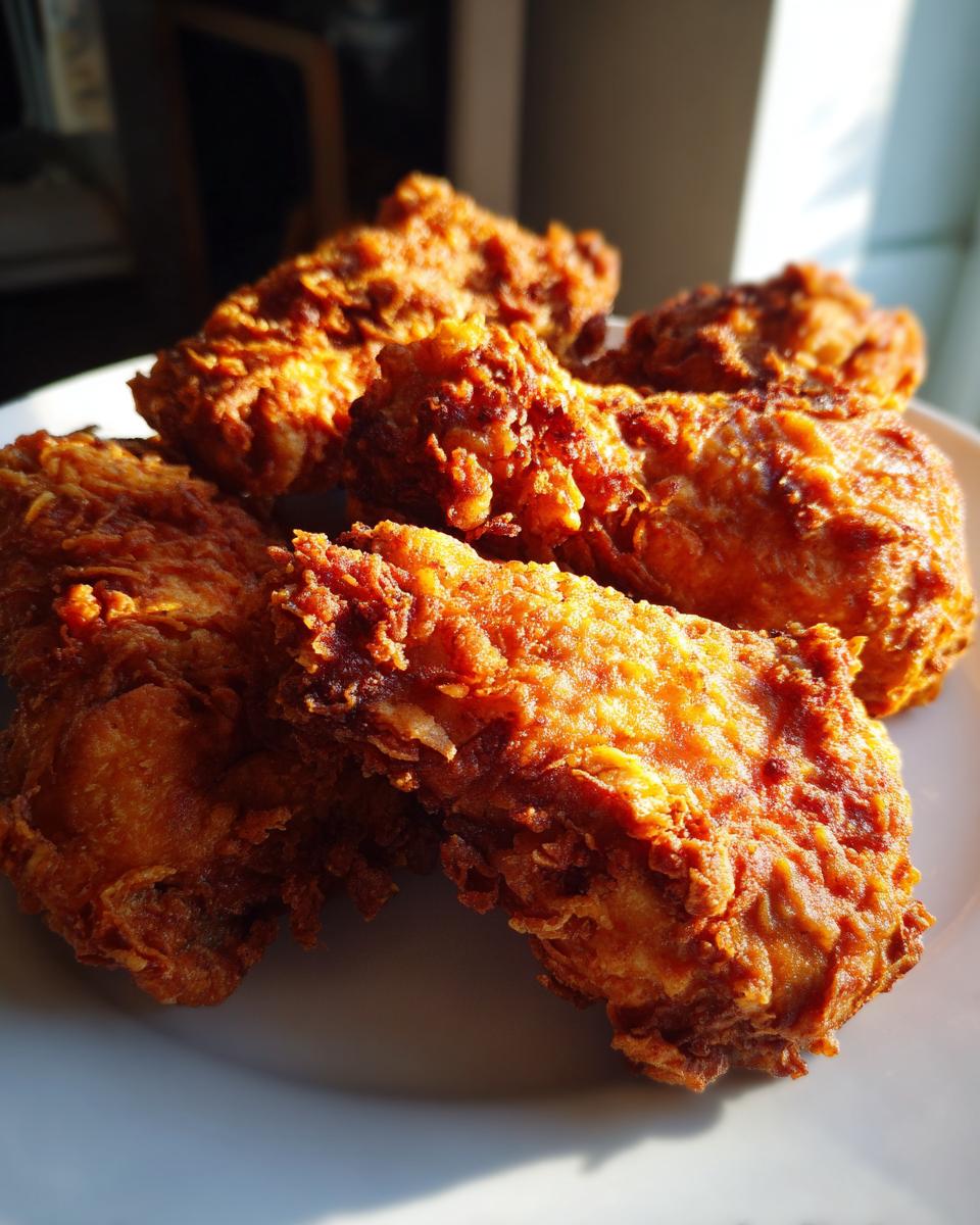 Close-up of crispy golden brown fried chicken pieces on a white plate