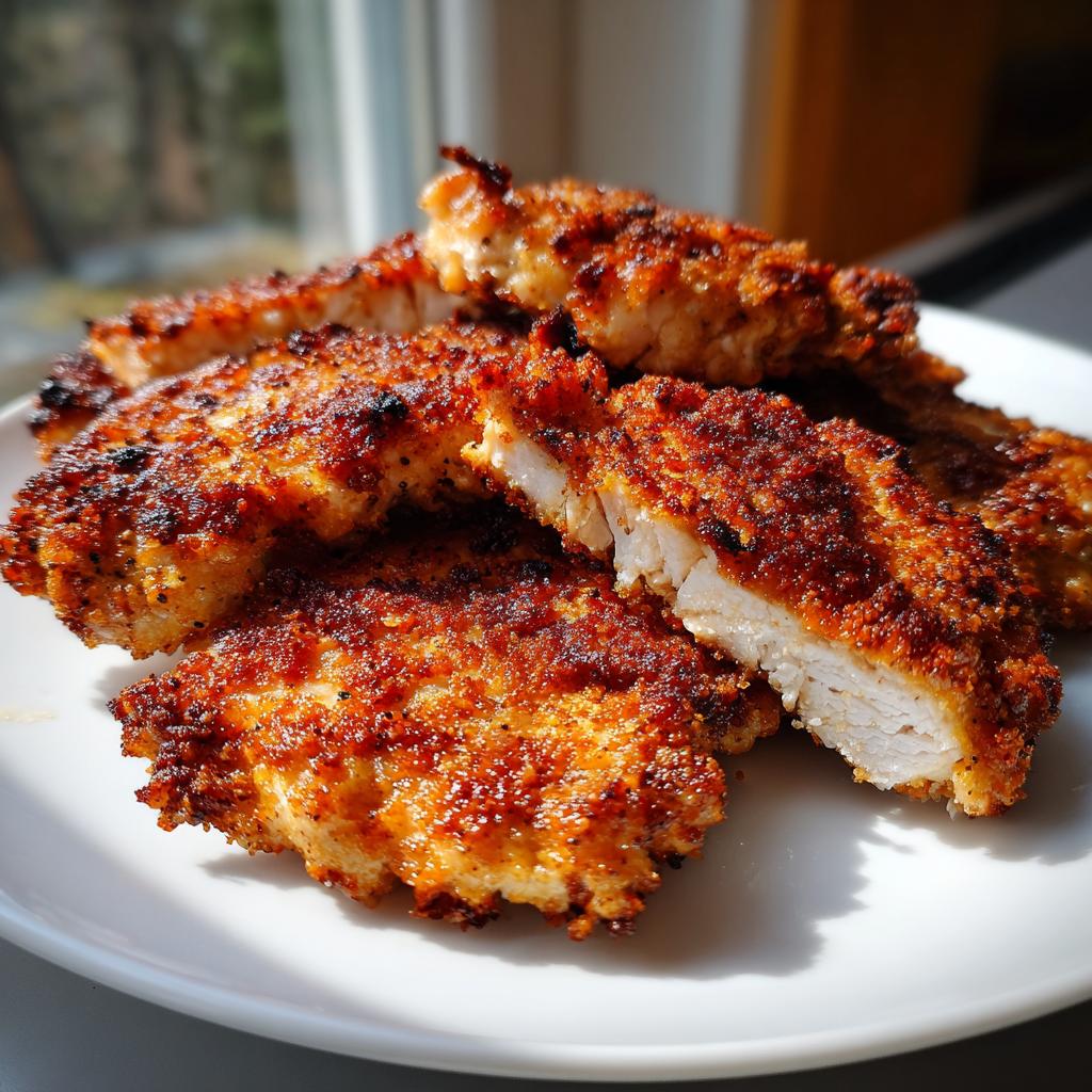 Close-up of crispy golden brown pan fried chicken pieces on a white plate.