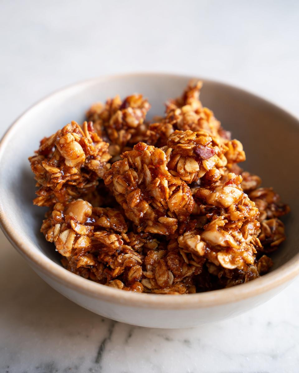 Close-up of crunchy granola clusters in a beige bowl, perfect for easy granola snack recipes.