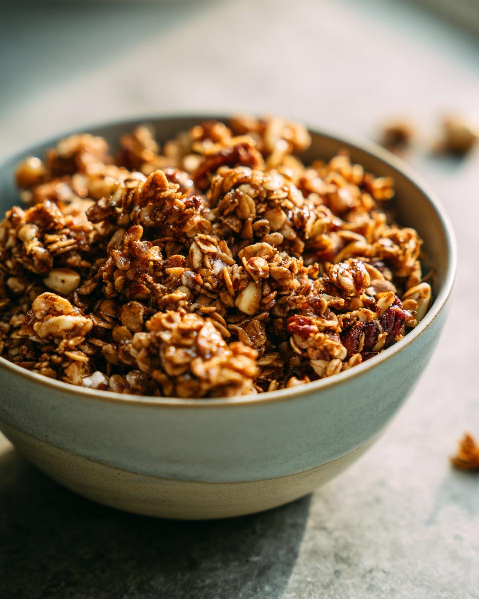 Close-up of a bowl filled with crunchy granola clusters for easy granola snack recipes
