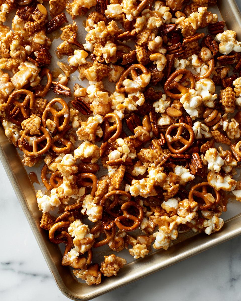 Close-up of crunchy toffee snack mix with pretzels, popcorn, nuts, and cereal on a baking sheet.