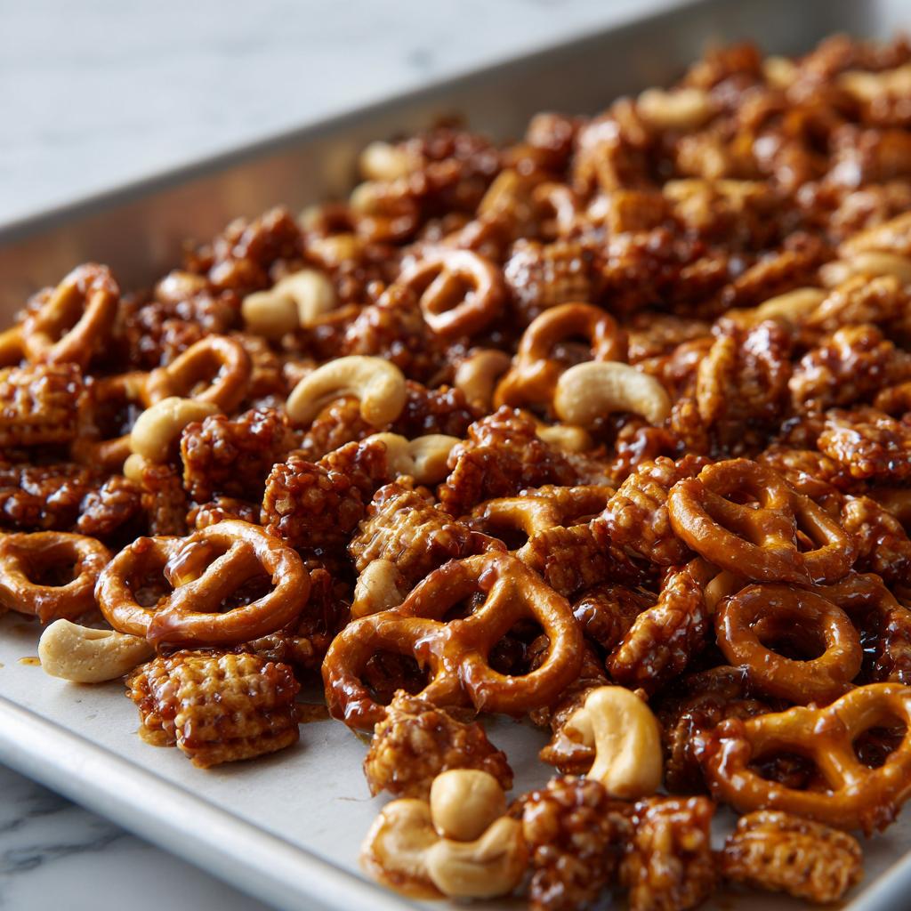 Close-up of crunchy toffee snack mix with pretzels, cashews, and cereal on a baking sheet
