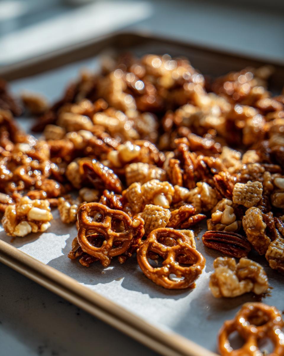 Crunchy toffee snack mix with pretzels, nuts, and cereal on a baking tray.