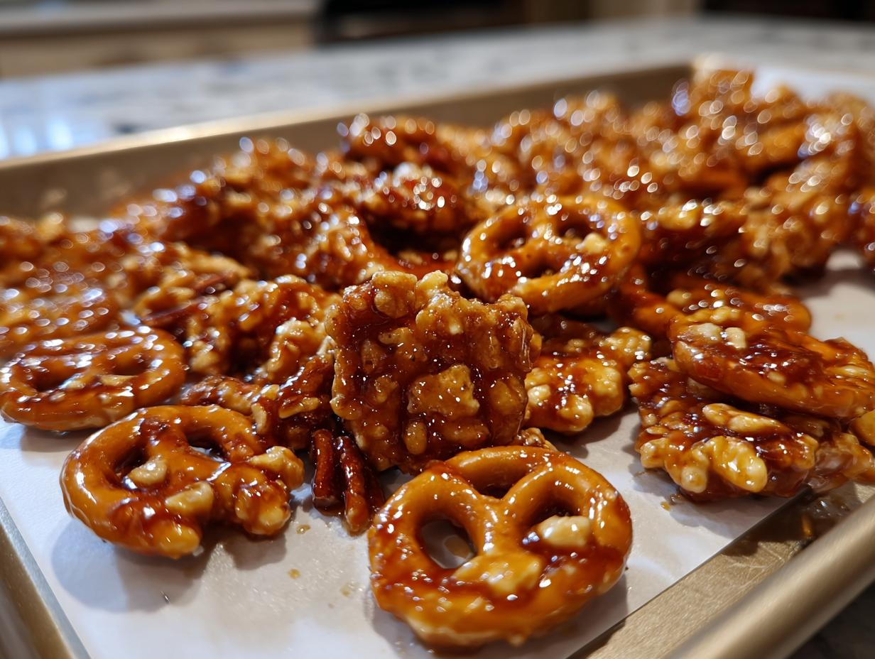 Crunchy toffee snack mix with pretzels and nuts coated in glossy toffee on a baking tray