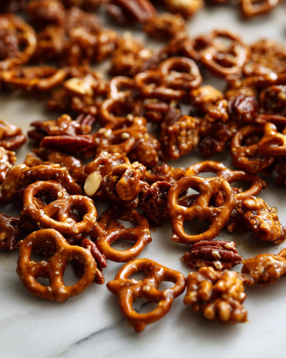 Crunchy toffee snack mix with pretzels and nuts coated in caramel toffee sauce.